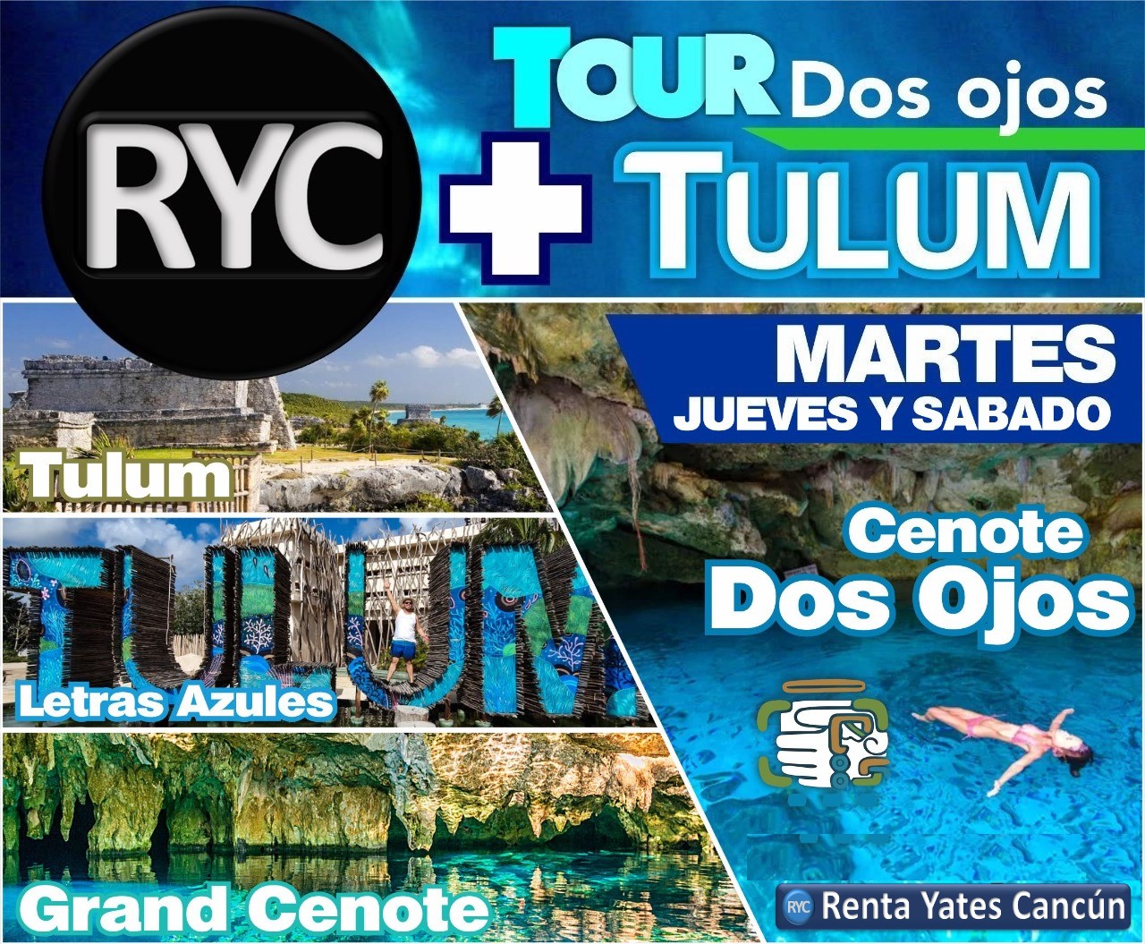 Tulum más Cenotes Dos Ojos y Grand Cenote Renta Yates Cancun